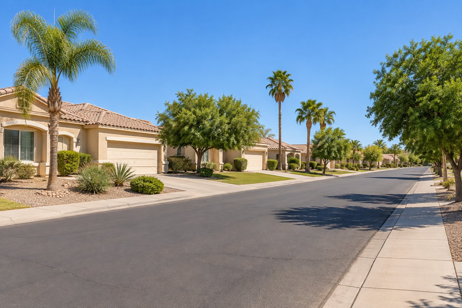 A quiet Imperial Valley street of stucco homes with palm and shade trees, illustrative