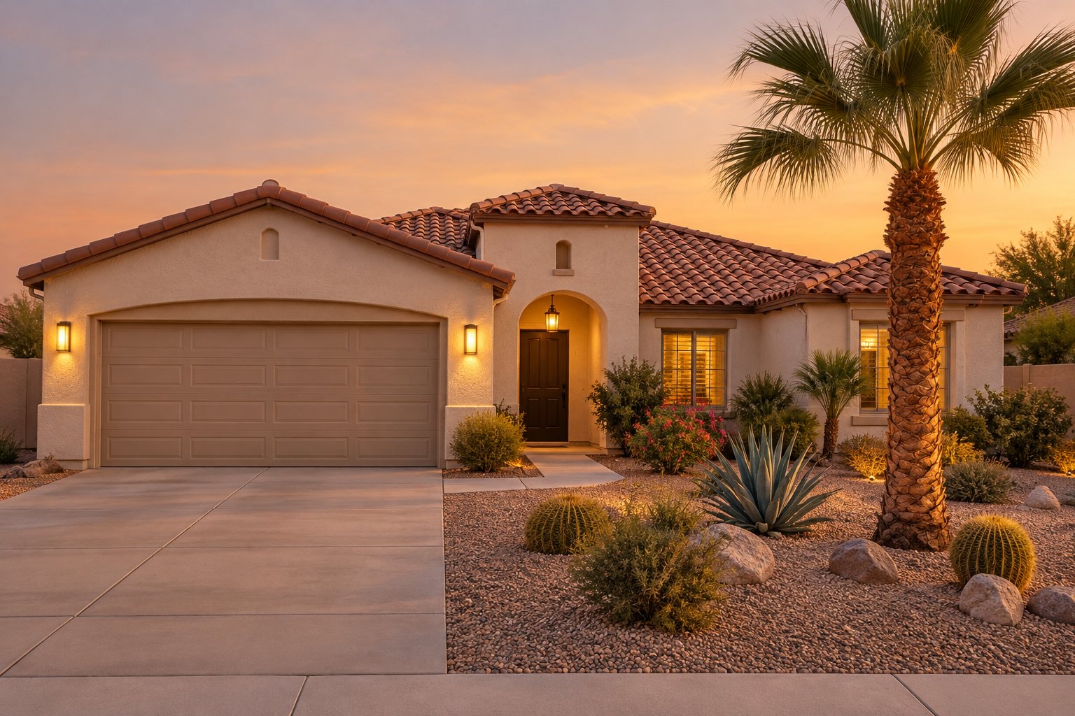 A single story stucco home with a tile roof and desert landscaping in warm evening light, illustrative