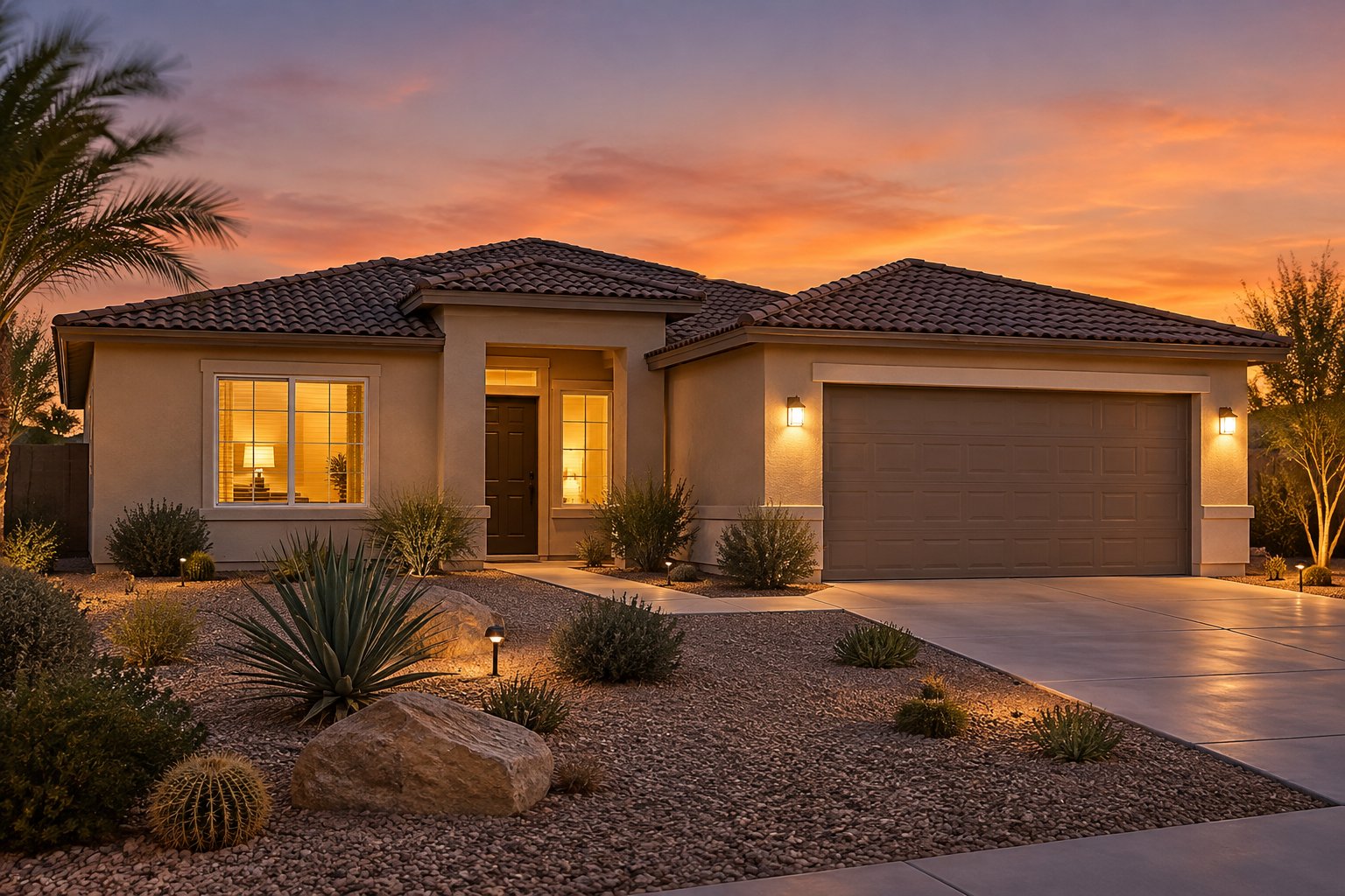 A single story stucco home with a tile roof at dusk, illustrative