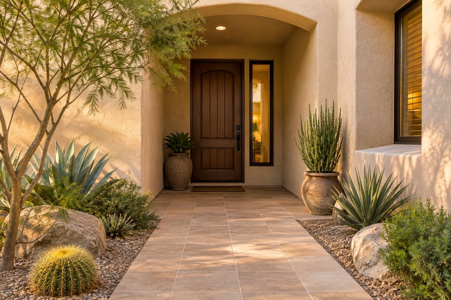 A shaded front entry of a stucco home with desert plants, illustrative